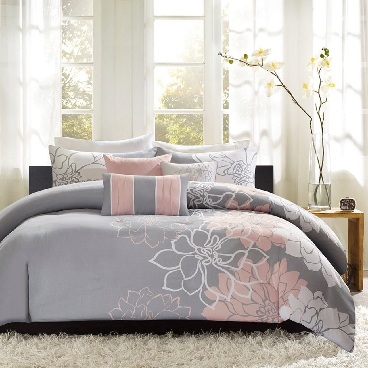 Edge Collections - 36" x 20" - Gray - Lola King Grey Peach Duvet Set - 6 Piece